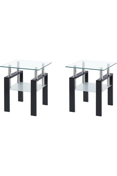 Generic Set of 2 Modern Glass End Tables - Two Tiered Nightstand, Square Temp...