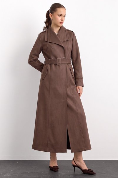 Olcay Gabardine Suede Trench Coat with Handkerchief Collar Embroidery Detail,...