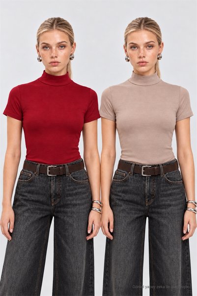 Lovelyİstanbul 2-Piece Set: V-Neck Viscose Blouse LRN0026 BURGUNDY MINK