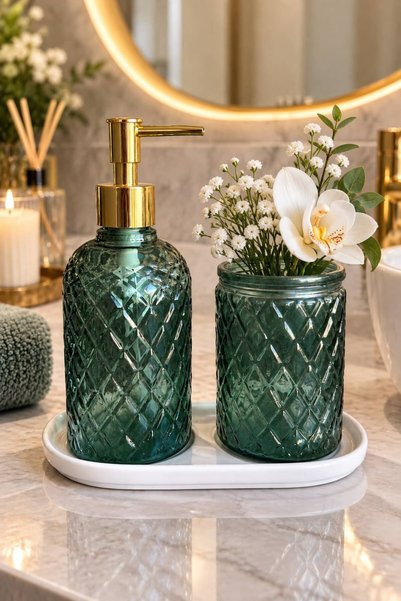 ANGDESİGN 3-Piece || ASEL Bathroom Set with Liquid Soap Dispenser and Toothbr...