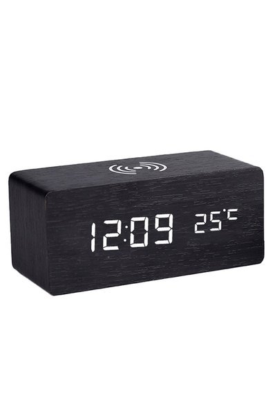 Noonedibs Ceas deșteptător electronic din lemn cu încărcare wireless