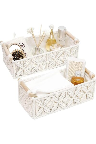 DURKU Macrame Storage Baskets - Boho Decor Set of 2 for Organizing, Counterto...