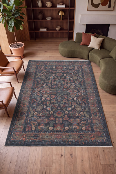 Cool Halı Saray Lacivert Vintage Halı Etnik Çiçek Motifli Soft Çerçeveli Bohe...