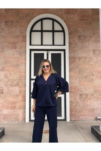 Ded COLLECTION Kadın V Yaka Tek Düğme Detaylı İspanyol Kol Bluz Pantolon İkili Takım