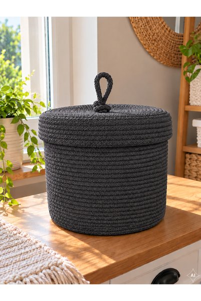 ÖRGÜM Coș împletit cu aspect de răchită, cu capac, de 30 x 25 cm – Coș decora...