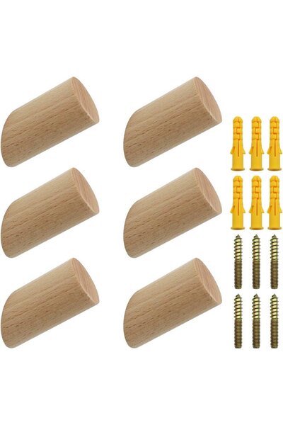 Noonedibs Set de 6 cârlige de perete din lemn de fag, cu cilindru, 3x6, cârli...