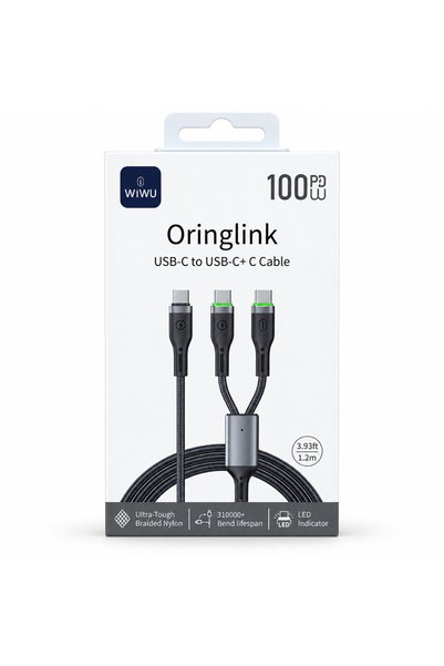 WIWU كابل شحن أورينجلينك 100 واط من نوع USB-C إلى USB-C مزدوج، بطول 1.2 متر.