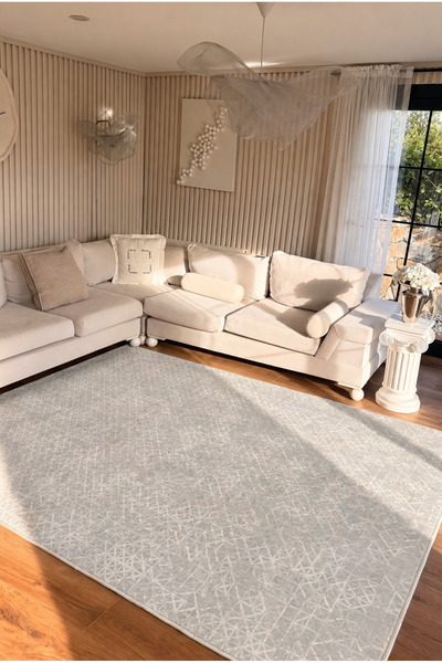 VOPTEKS Gri Krem Halı Salon Halısı Makinede Yıkanabilir Kaymaz Taban Halı