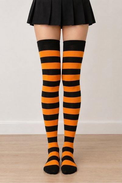 Design Socks جوارب نسائية قطنية مخططة باللونين الأسود والبرتقالي، تصل إلى منت...