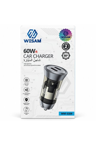 wesam شاحن سيارة مزدوج بمنفذي USB-C بقوة 60 واط مع غلاف شفاف WM-0309