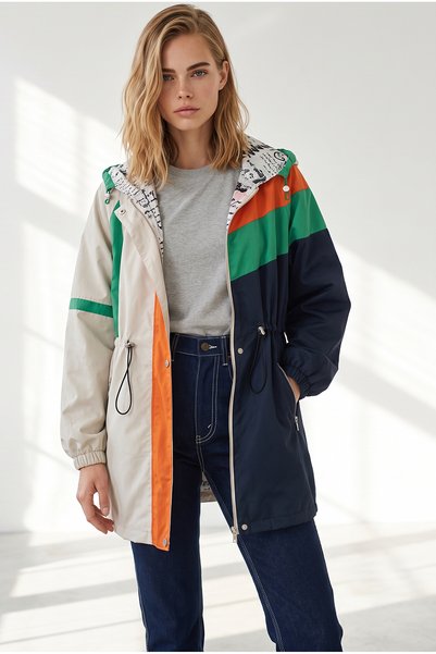 Olalook Trench pentru femei, bej și albastru închis, cu glugă, color block și...