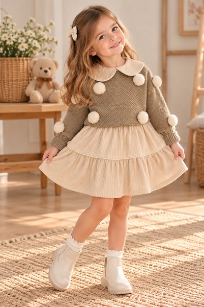 SERPİL Set de 2 piese pentru fetițe: pulover din tricot cu pompoane și rochie...