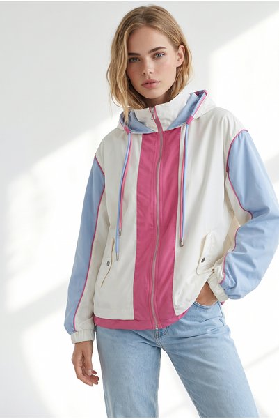 Olalook Jachetă sport pentru femei, alb-fucsia, cu glugă, cu color block și f...