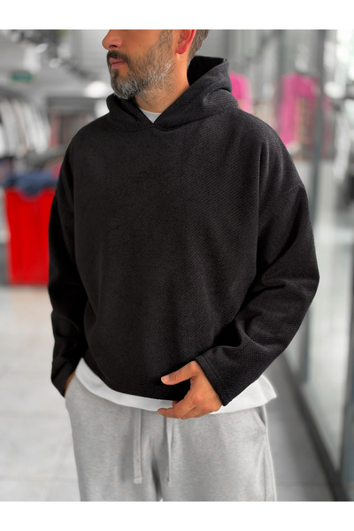 BYBASICMAN Hanorac din fleece cu glugă neagră HM-