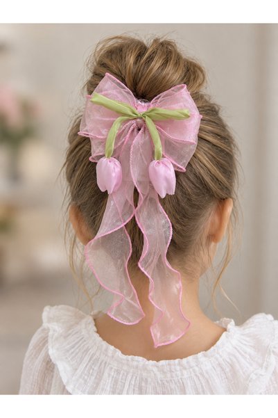 iky aksesuar Girls' Laleli Pink Ribbon Buckled Hair Clip