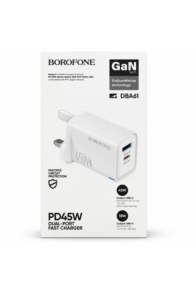 Borofone DBA61 45W GaN Dual-Port USB-C & USB-A Wall Charger, White