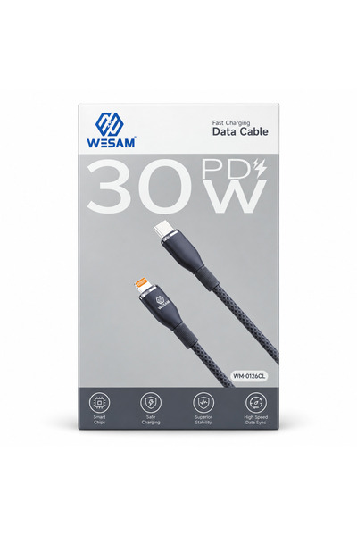 wesam كابل شحن وبيانات مجدول من نوع USB-C إلى Lightning بقدرة 30 واط، موديل W...