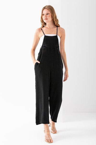 GİYSA Women's Loose-Fit Strapless Aerobin Fabric Jumpsuit, Black - 7019