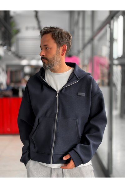 BYBASICMAN Hanorac cu glugă, cu fermoar, model Waffle, albastru închis HM-0012