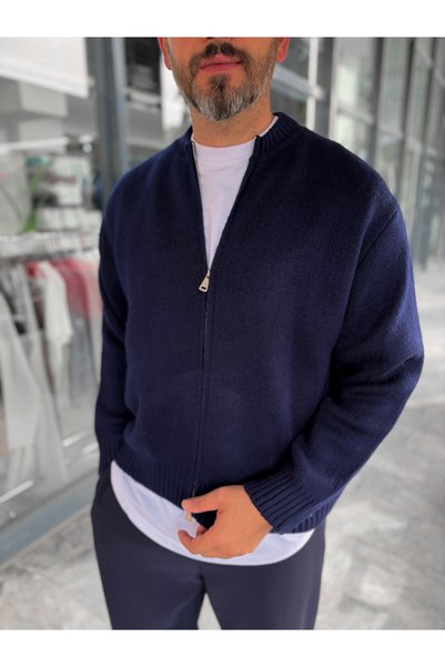 BYBASICMAN Cardigan basic din tricot, albastru închis, cu fermoar PM-017