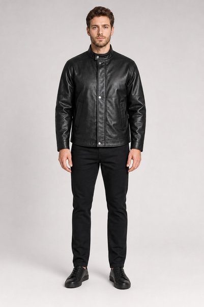 Freemen Men's modern cut leather-look jacket with zipper and snap button deta...