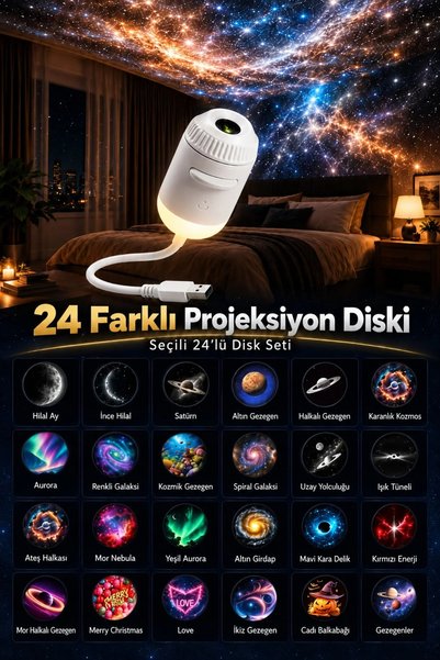 NEFFO 24 Diskli Galaksi Projektörü Yıldızlı Gökyüzü Gece Lambası – 360° Ayarl...