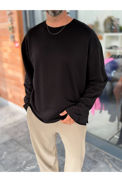 BYBASICMAN Hanorac oversize negru cu guler rotund MRK-2617