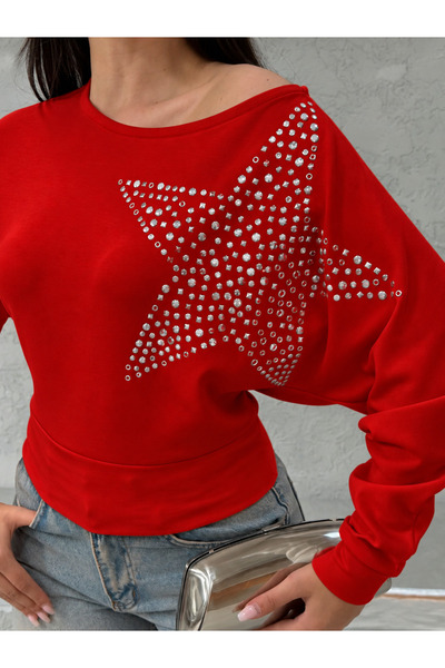 NEW JOURNAL Women's Red Drop-Shoulder Blouse with Rhinestones and Batwing Sle...