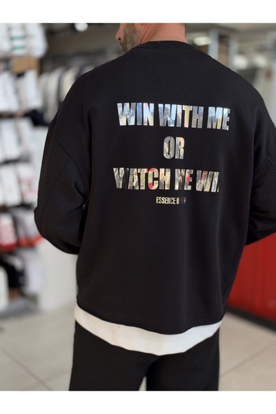 BYBASICMAN Black Win Sweatshirt with Glittery Lettering ES-206