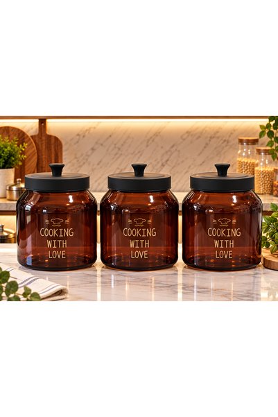 ALLEGRI Set of 3 Glass Jars with Vacuum-Sealed Metal Lids, Amber, 2000 mL x 3