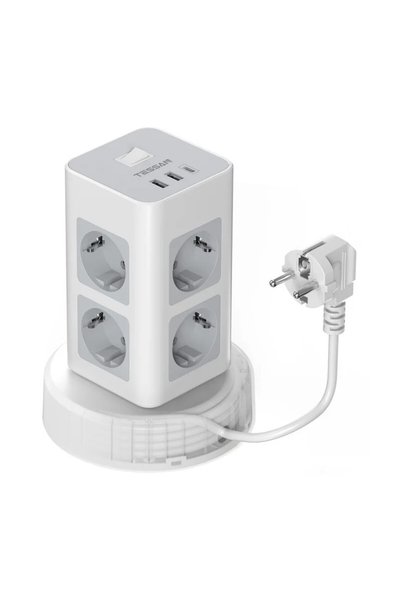 DAMUR Prelungitor tip turn cu 8 prize AC, 2 porturi USB-A și 1 port USB-C, pu...