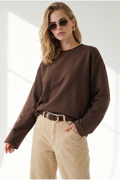 Olalook Women's Brown Crew-Neck Sweatshirt with Spanish Sleeves SWT-19000827