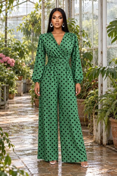 moda wanilia Women's Long-Sleeved, Wrap Neckline, Ruched Waist, Polka Dot Lon...