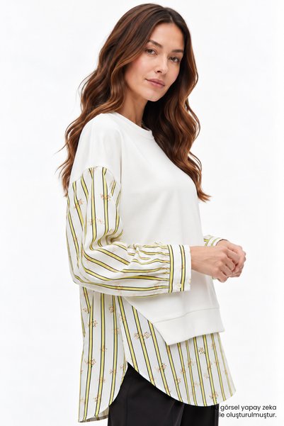 Allyco Crew Neck Floral Print Striped Pattern Regular-Fit Maternity Sweatshirt