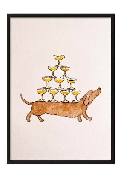 Postifull "Dog Holding a Glass" Illustration Poster – Black-Framed Artwork No...
