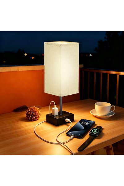 Generic مصابيح طاولة جانبية لغرفة النوم، مصباح طاولة قماشي مع منافذ شحن USB -...