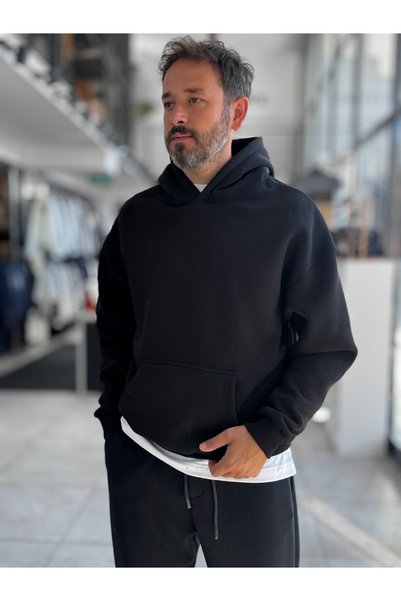 BYBASICMAN Hanorac negru, basic, oversize, cu glugă PM-101