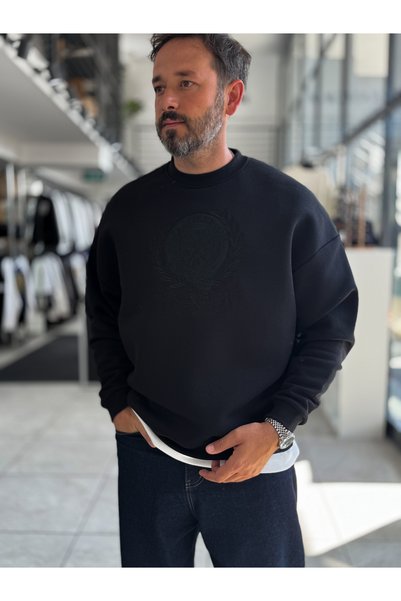 BYBASICMAN Hanorac negru cu emblemă de tenis brodată HM