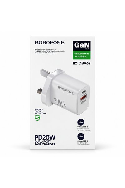 Borofone شاحن حائط DBA62 بقدرة 20 واط بتقنية GaN، مزود بمنفذي USB-C وUSB-A، ب...