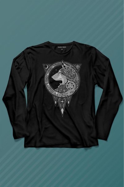 Kendim Seçtim Tricou cu mânecă lungă cu siluetă de lup cu tatuaj brodat de lu...