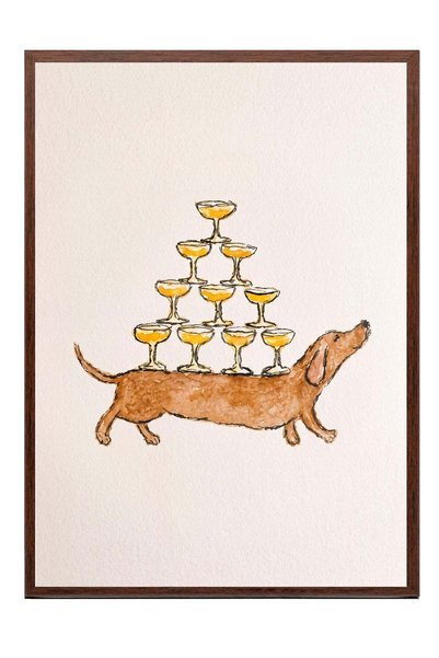 Postifull "Dog Holding a Glass" Illustration Poster – Brown-Framed Artwork No...