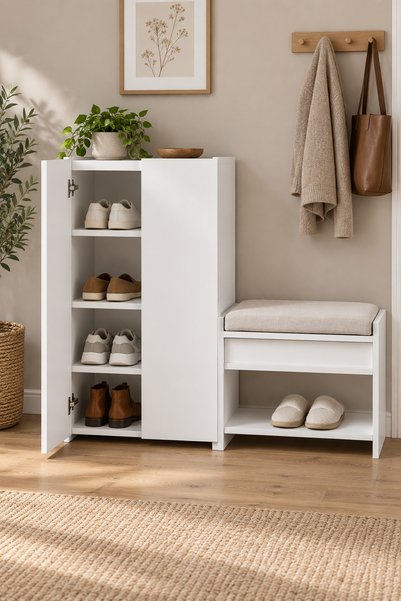 Raschel Home Vika Ayakkabılık Raflı Antre Seti, Minderli Bench ve Ayakkabı Do...