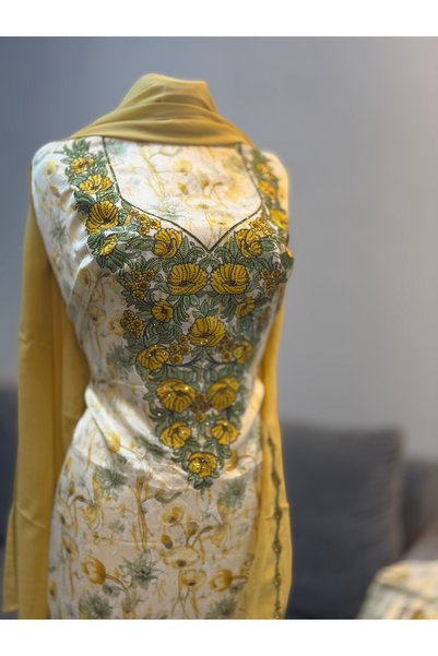LAVEN Emirati Soft Silk Khimar Fabric with Heavy Embroidery on Chest and Slee...