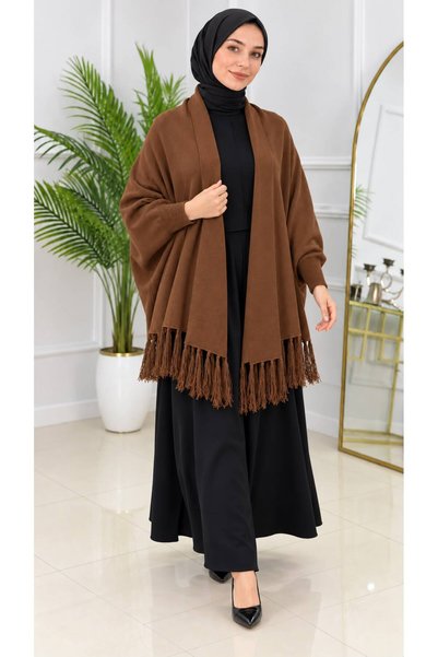 Sfg Life Moda معطف نسائي فضفاض من التريكو مع أطراف مزينة بالشراشيب وياقة مطوي...