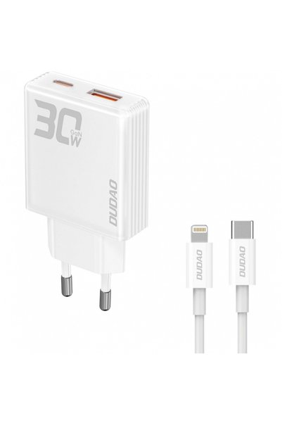 DUDAO Încărcător de perete GaN 30W USB-A + USB-C cu cablu Lightning, alb