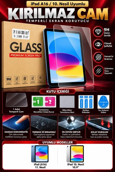 777 glow Apple iPad A16 11. Nesil / iPad 10. Nesil 10.9 Uyumlu 9H Kırılmaz Te...