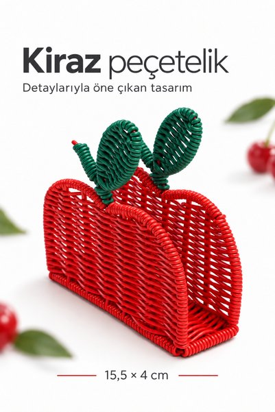 Rosie Kiraz Temalı Hasır Detaylı Peçetelik Ekmek Sepeti Çerezlik 3’lü Set