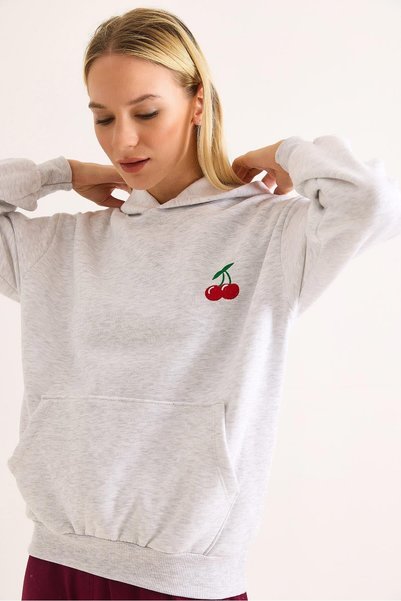 WeShaya Gray Cherry-Embroidered Sweatshirt, Relaxed Fit, 3-Ply, Brushed Insid...