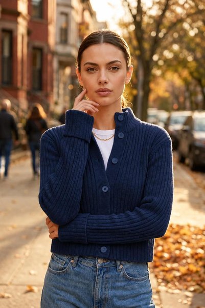 we-rayss Yumuşak Dokulu, Crop Model, Düğme Kapamalı Lacivert Renk Yumoş Hırka