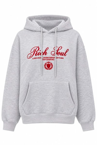 WeShaya Gray Printed Oversized Hooded Sweatshirt, Rib Knit, Stretchy, Drop-Sh...